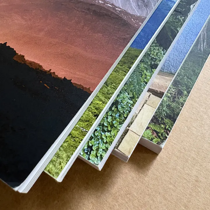 The fanned page edges of five printed kikōbook travel books